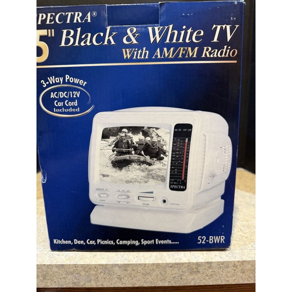 NIB 5" SPECTRA 52-BWR PORTABLE BLACK & WHITE TV AM/FM RADIO CAMPING RV Traveling